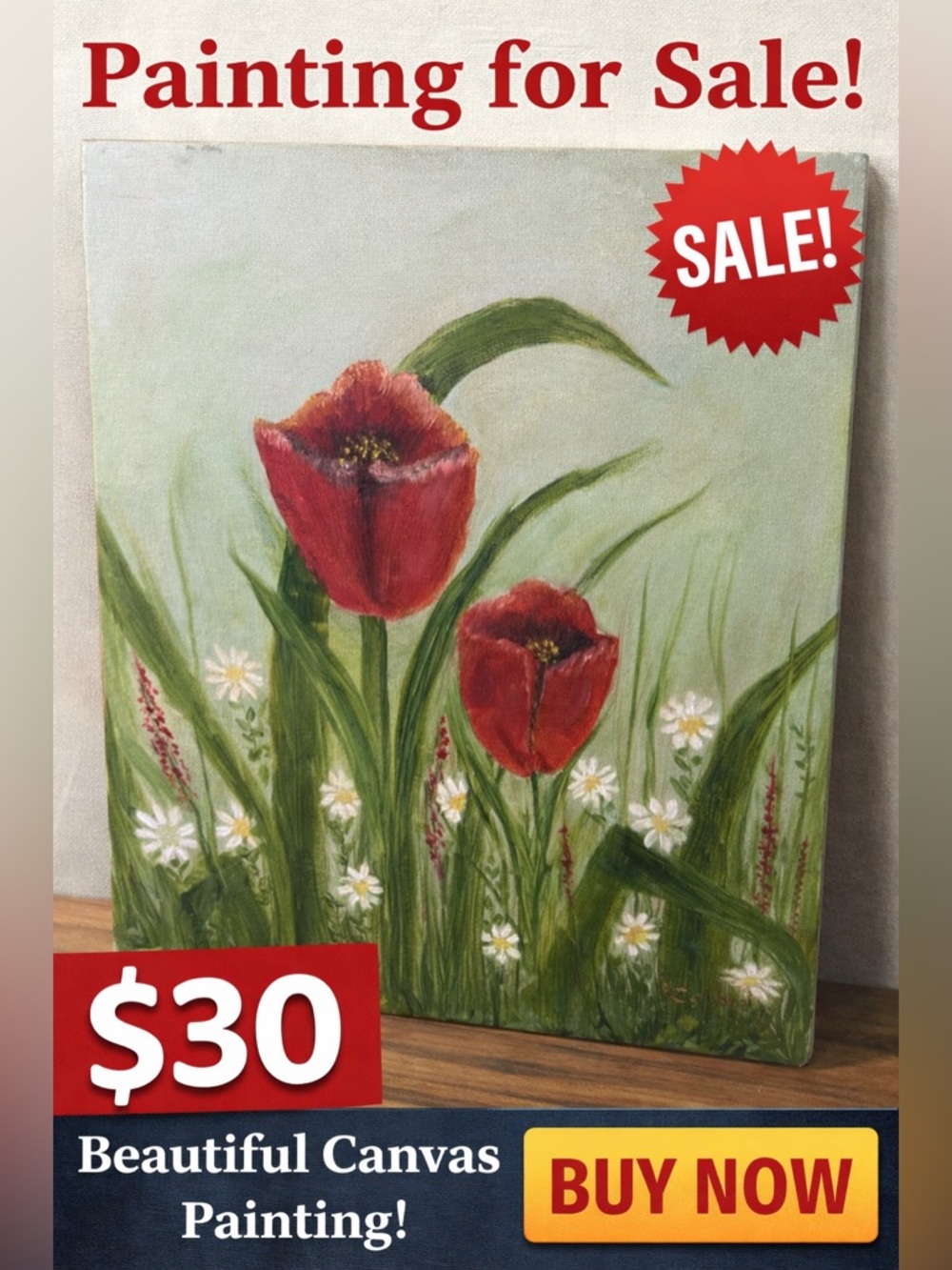 Hand Painted Floral Canvas Art - Red Tulips & Wildflower